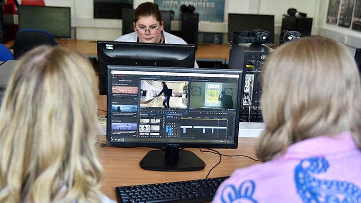 Students in Media Suite in Priestley Building.